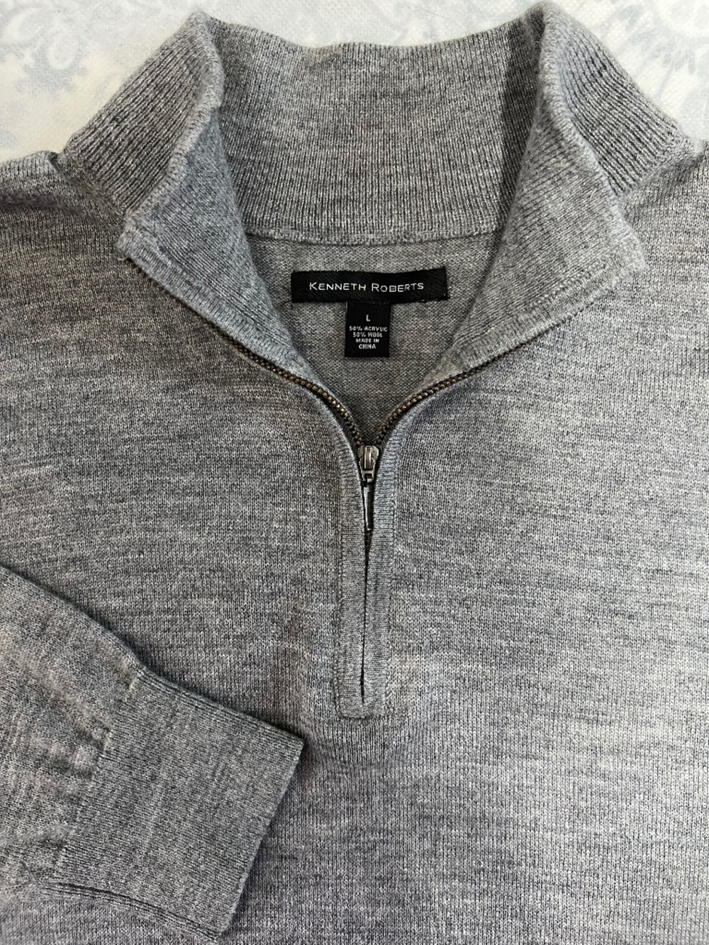 Kenneth Roberts Sweater Large Wool Blend 1/4 Zip Pullover Mock Neck Gray Preppy